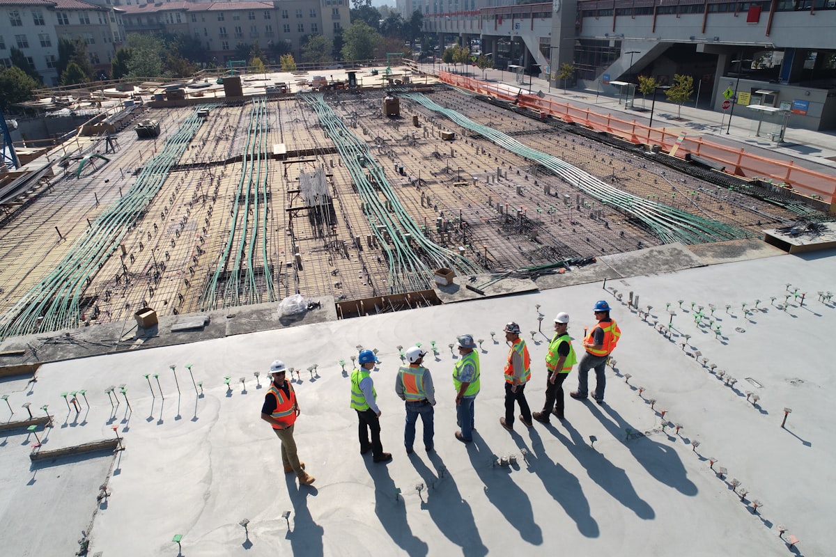 Aerial view of a large-scale pipe and foundation construction site