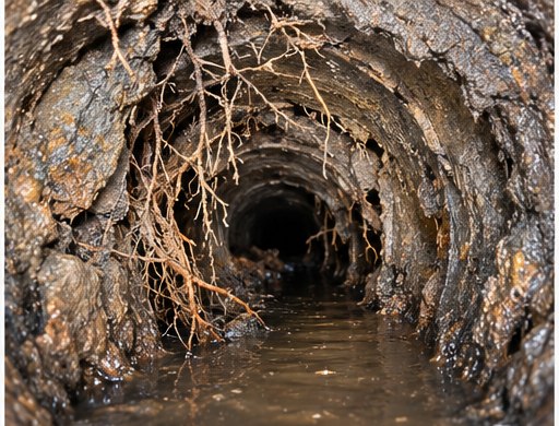 Interior of a failing sewer line choked with tree roots and standing water