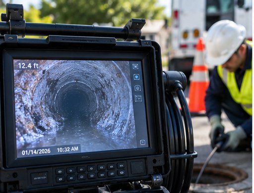 Technician reviewing a live sewer camera inspection feed at an open manhole