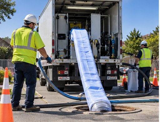 Crew feeding a CIPP liner from the truck into an access point