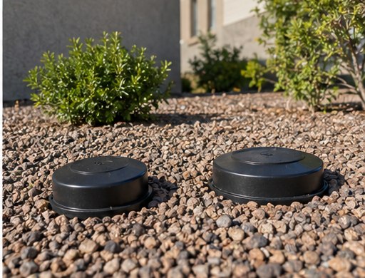 Two sewer cleanout caps set flush in gravel landscaping beside a home