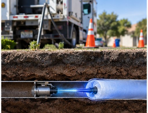Cross-section of a trenchless liner being installed beneath an undisturbed street